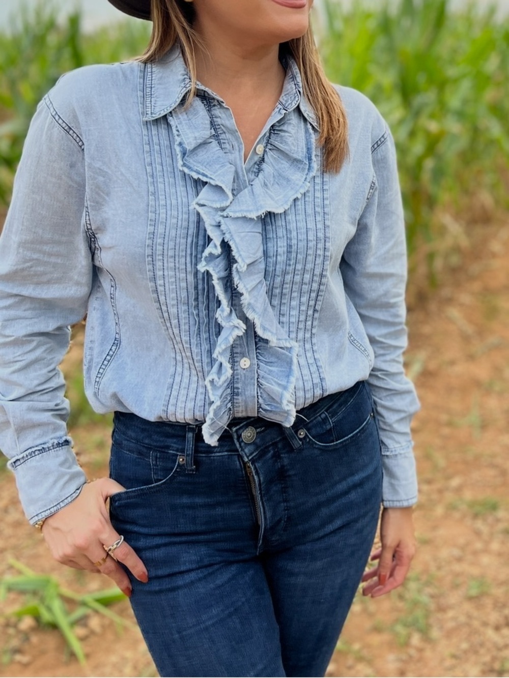 Light Blue Ruffle Front Women's Denim Shirt -
